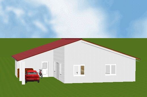 White single-family house with red roof, carport, red car and bicycle against the wall; green lawn