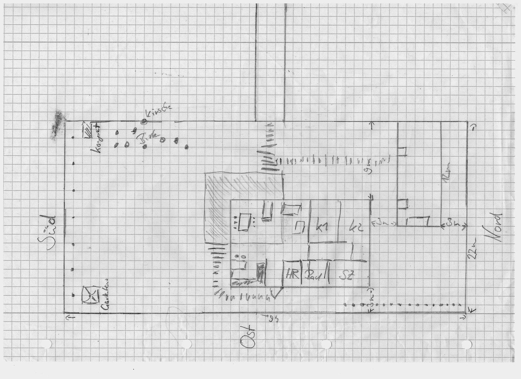 Hand-drawn floor plan of a building with rooms, doors, and dimension lines.