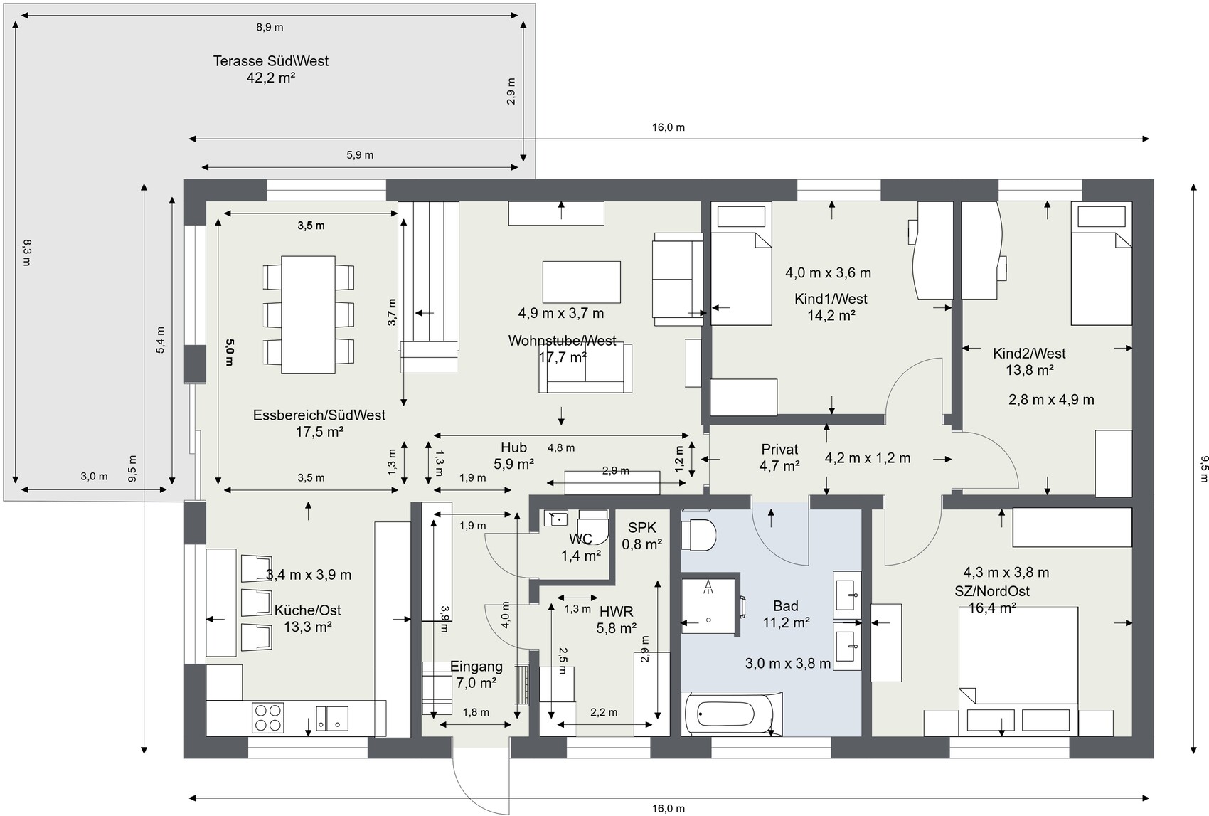Floor plan of a house: living, dining, kitchen, bathroom, bedrooms, terrace.