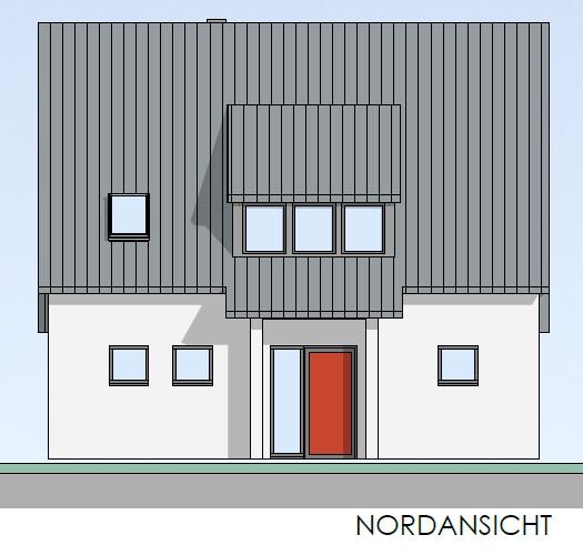 North view of a two-story house with a gray gable roof, white walls, and a red front door.