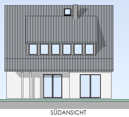 South view of a modern house with gray roof, five skylights, and large glass fronts.
