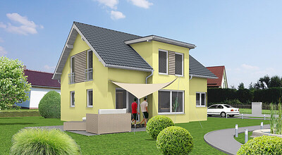 3D house model with yellow facade, terrace, and garden layout