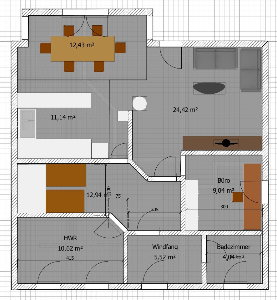 Grundriss eines Apartments: Wohnzimmer, Essbereich, Küche, Schlafzimmer, Büro, Bad.