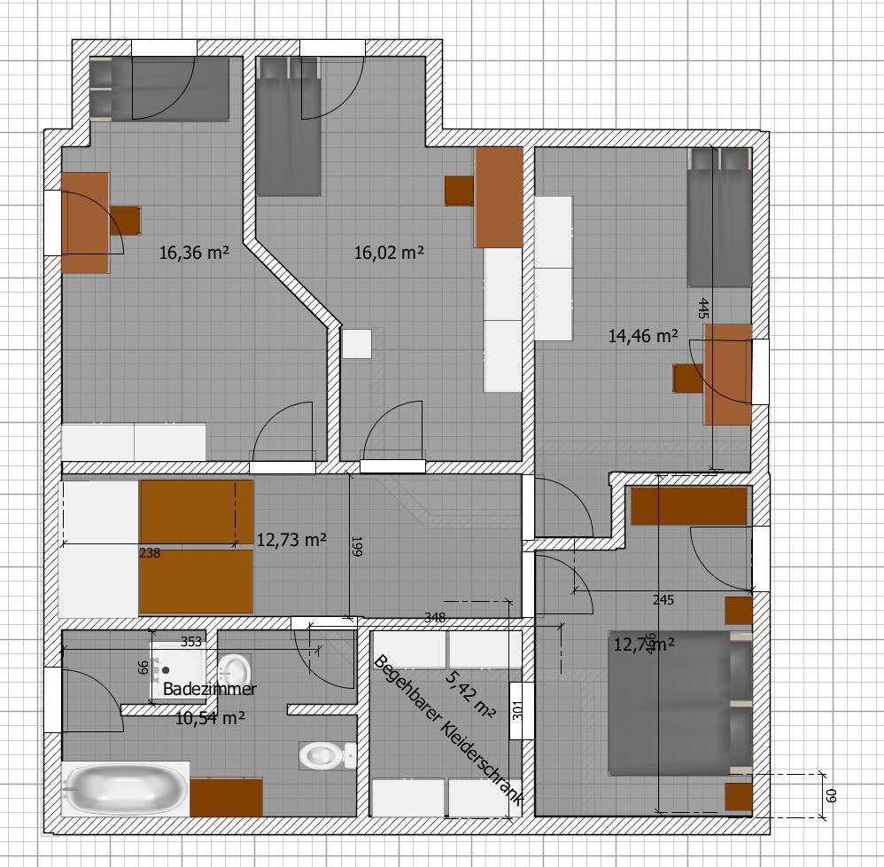 Grundriss einer Wohnung mit mehreren Zimmern, Bad, begehbarem Kleiderschrank und Flur.