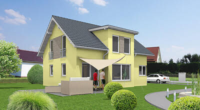 Gelbes zweistöckiges Haus mit grauem Dach, Terrasse und Auto im Garten.