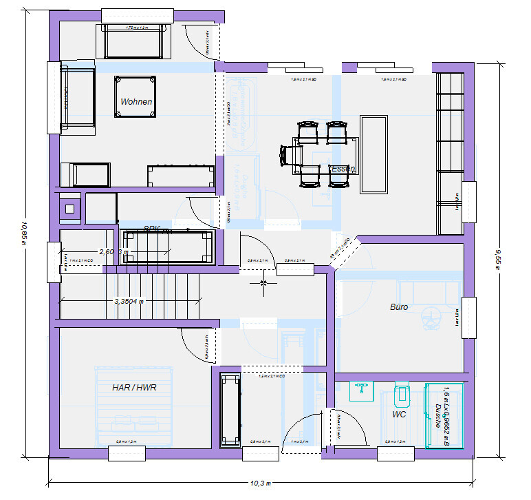 Floor plan: Living area on the left, dining area with table, kitchen, office on the right, WC, utility/storage room, staircase.