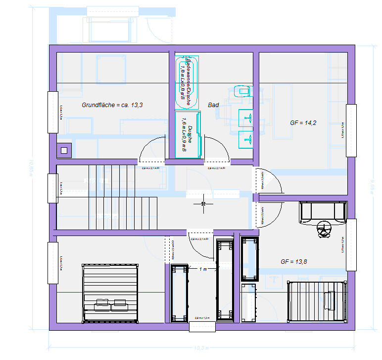 Floor plan of a house with multiple rooms (bedrooms, bathroom), staircase, and furniture.