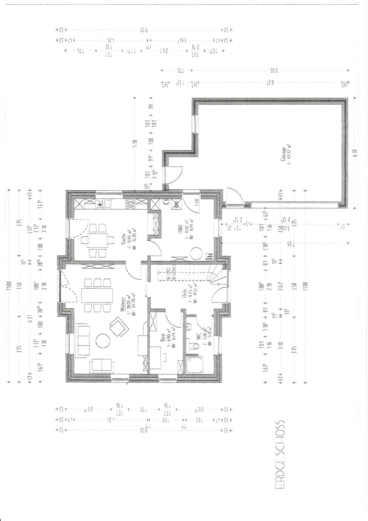 Ground floor plan: living room, kitchen, office, hallway, WC, storage room and garage