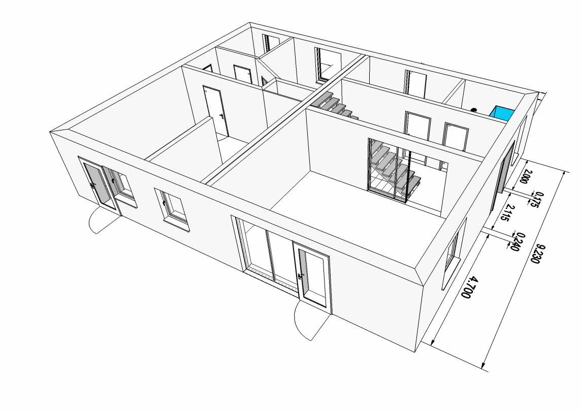 3D-Grundriss eines Hauses: Erdgeschoss mit Innenräumen, Treppe, Türen und Maßangaben