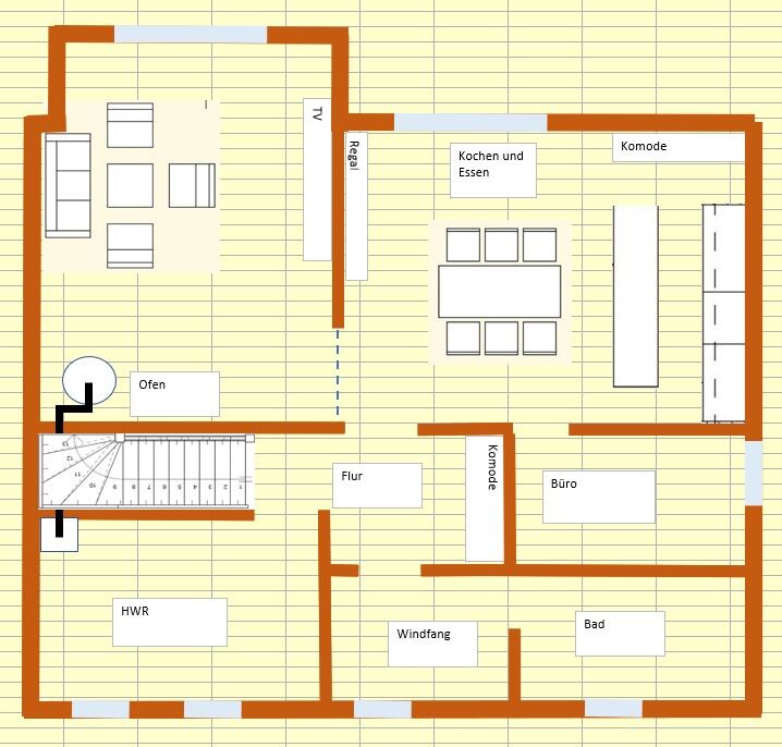 Floor plan of a house with living room, kitchen/dining area, office, bathroom, hallway, vestibule, utility room, and staircase.