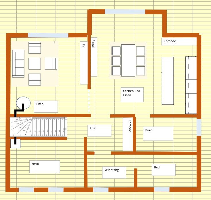 Floor plan of a house: living room on the left, kitchen with dining table in the middle-right, office and bathroom below.