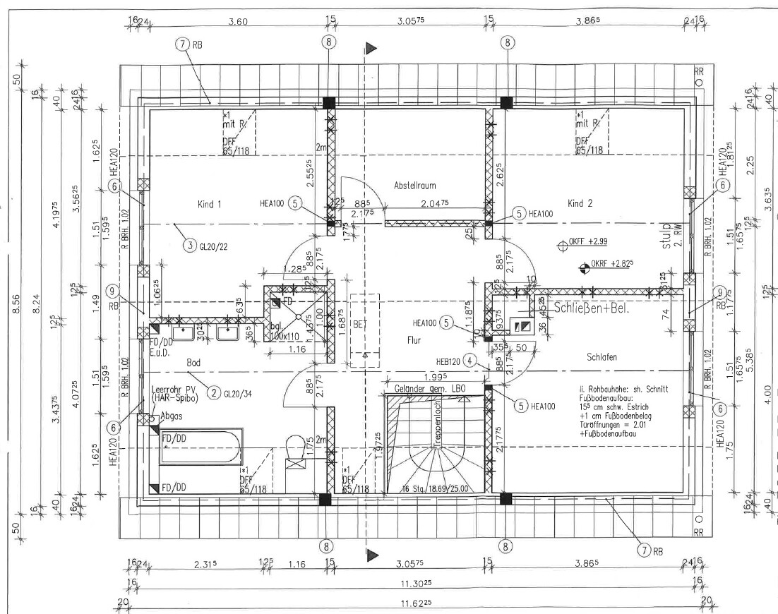 Grundriss eines Hauses: Kind 1, Kind 2, Schlafen, Bad, Flur, Abstellraum; Türen und Treppen.