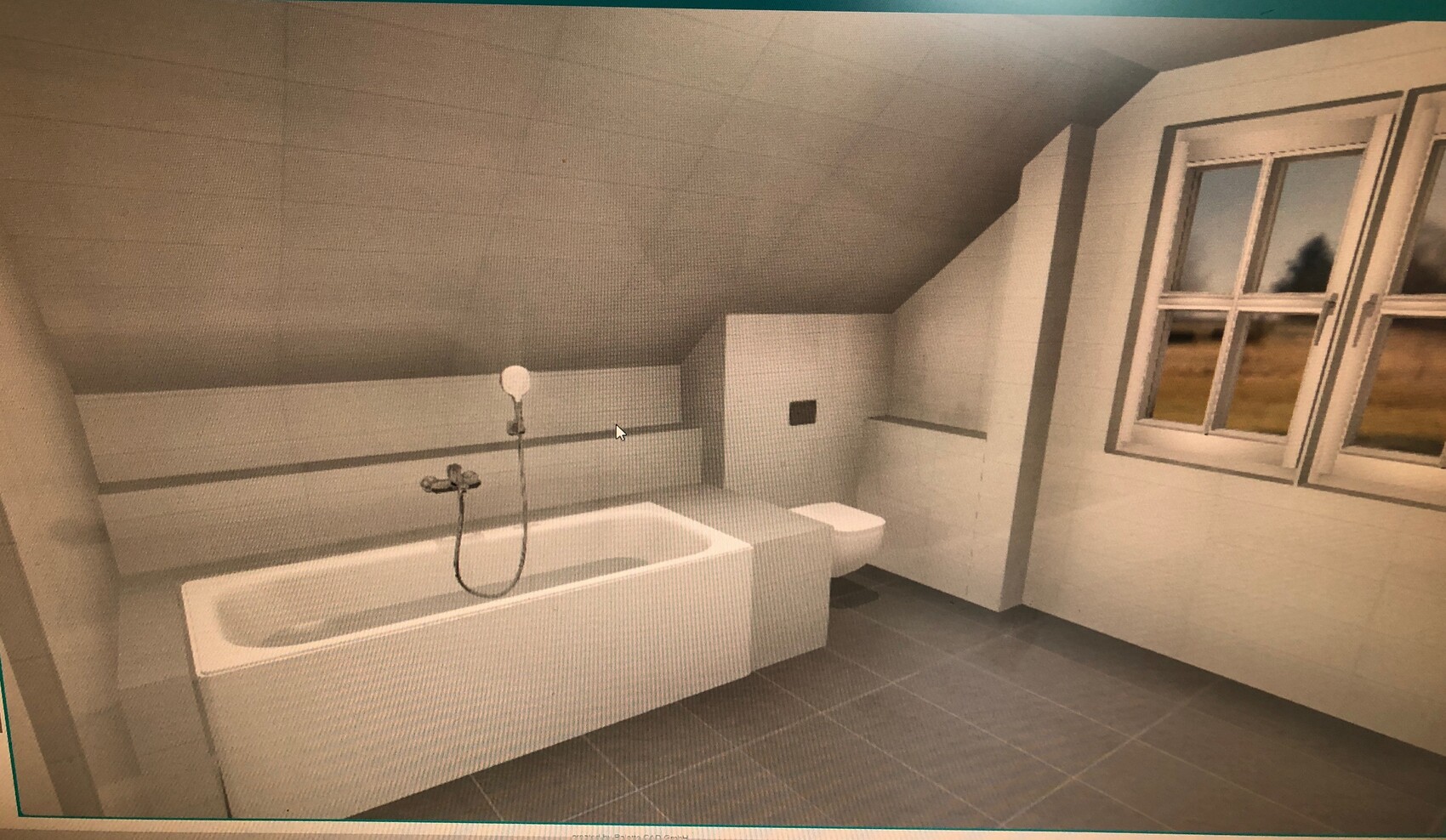 Badezimmer mit Badewanne, Duscharmatur, Toilette und Fenster, helle Gestaltung.