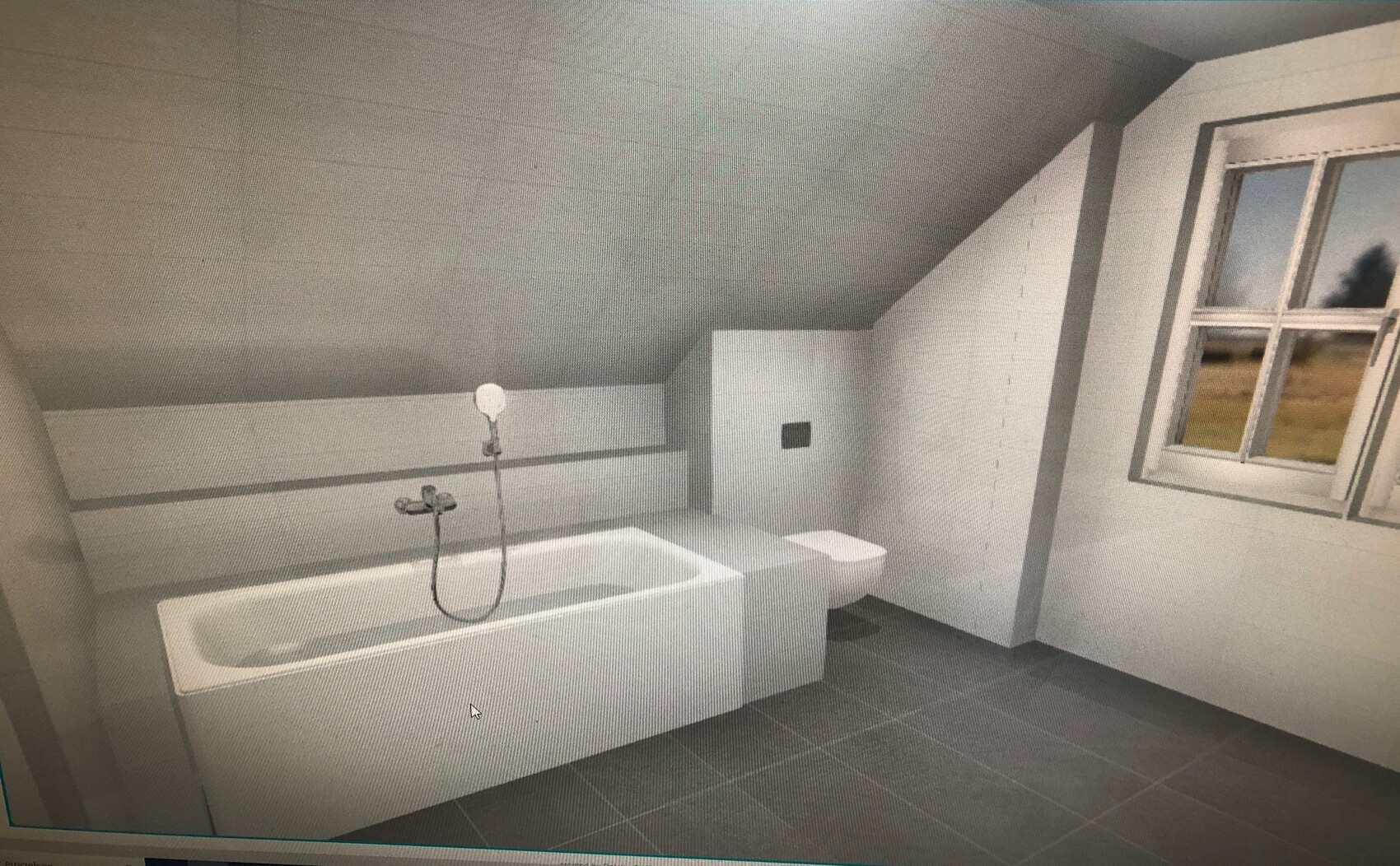 Helles Badezimmer mit Badewanne, Duschkopf, Fenster und grauen Fliesen.