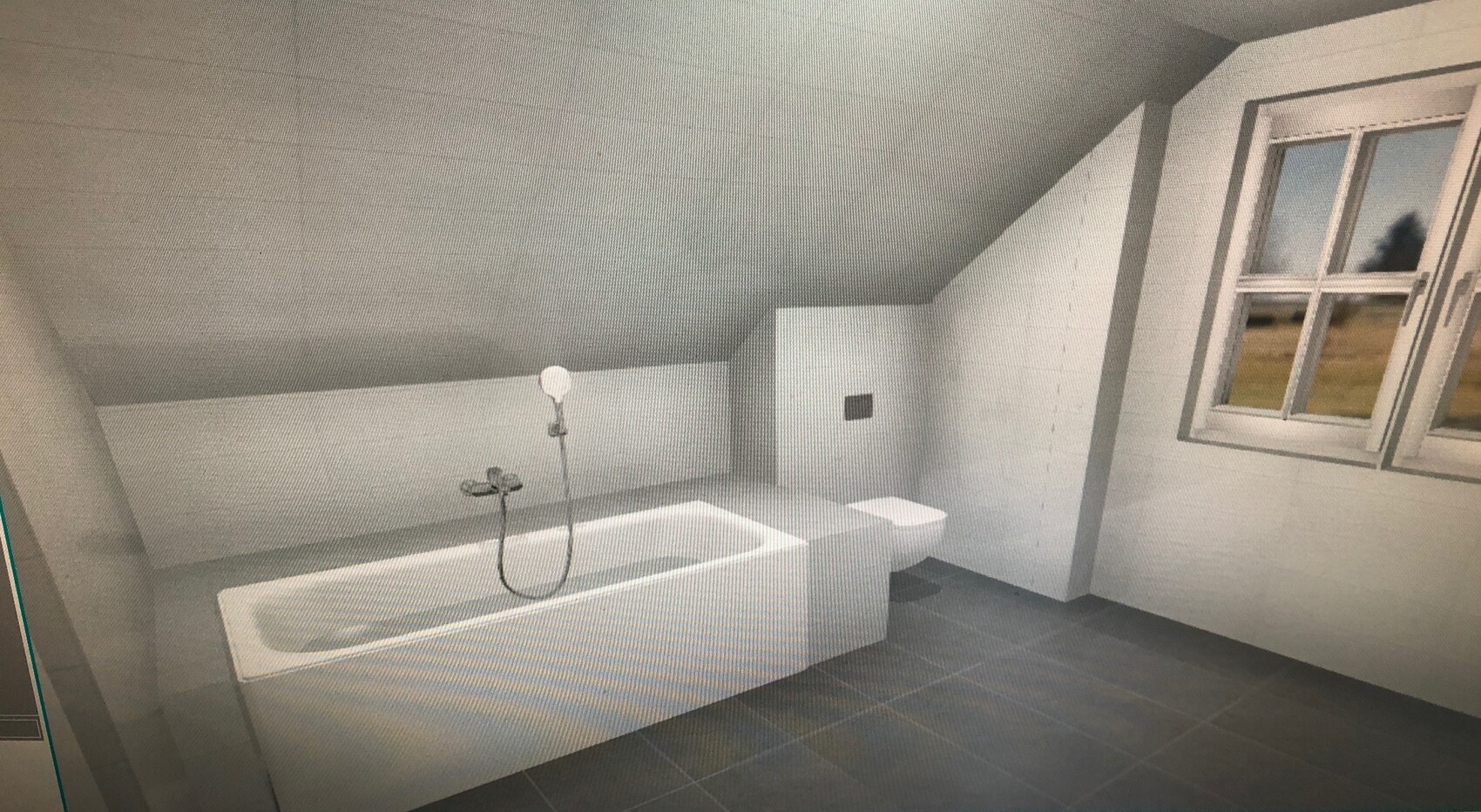 Modernes Badezimmer mit schräger Decke, Badewanne, Duschkopf, grauen Fliesen und Fensterblick.
