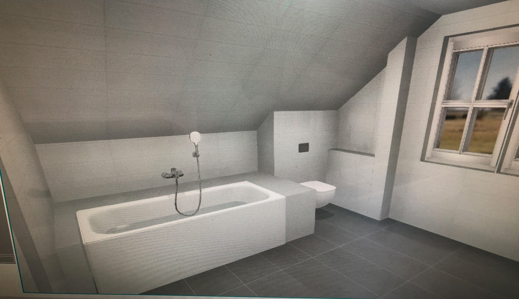 Helles Badezimmer im Dachgeschoss mit Badewanne, Duscharm, Toilette und Fenster.