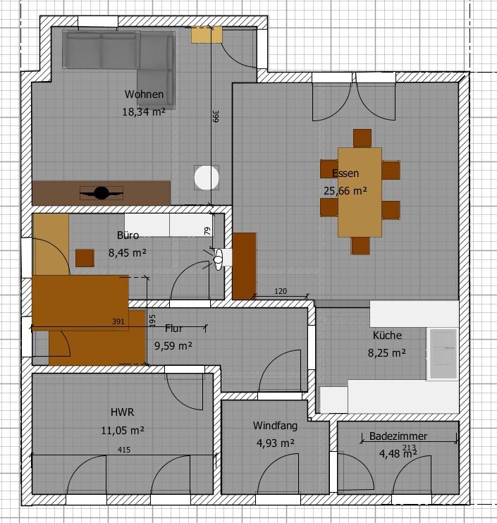 Floor plan of a house: living, dining, kitchen, hallway, utility room, entrance area, office, bathroom.