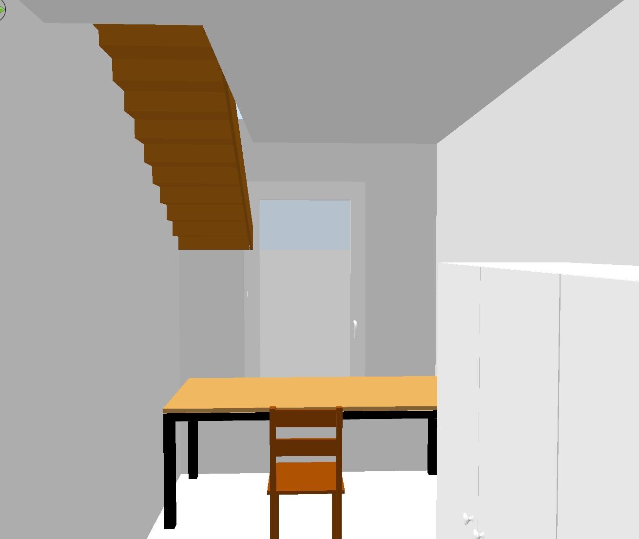 Gray interior with wooden table and chair, cabinets on the right, stairs and door in the background on the left