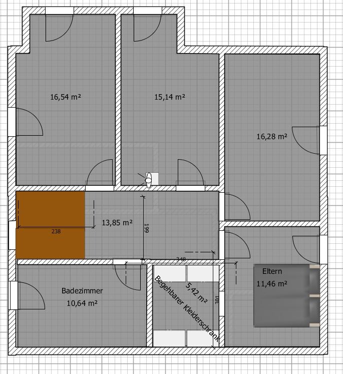 Floor plan of an apartment with multiple rooms, bathroom, master bedroom and walk-in closet.