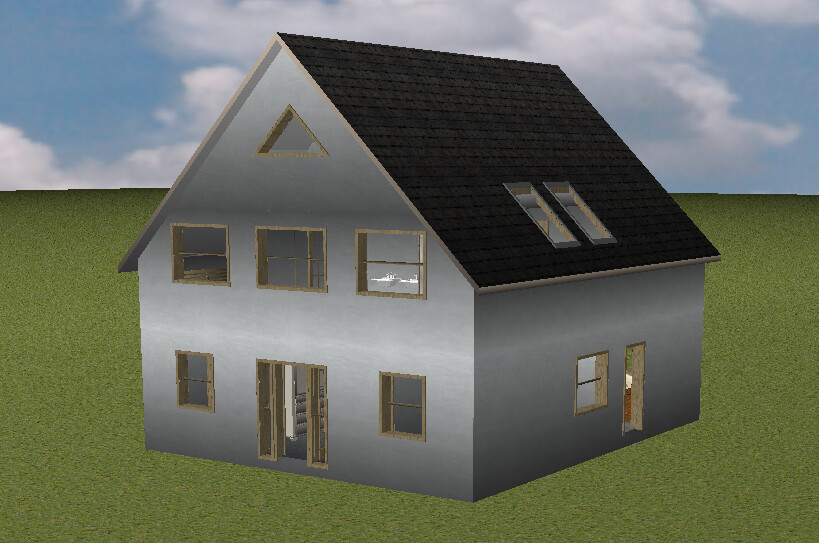 Zweistöckiges Hausmodell mit grauer Fassade, schwarzem Satteldach, vielen Fenstern, offener Tür, auf Gras.