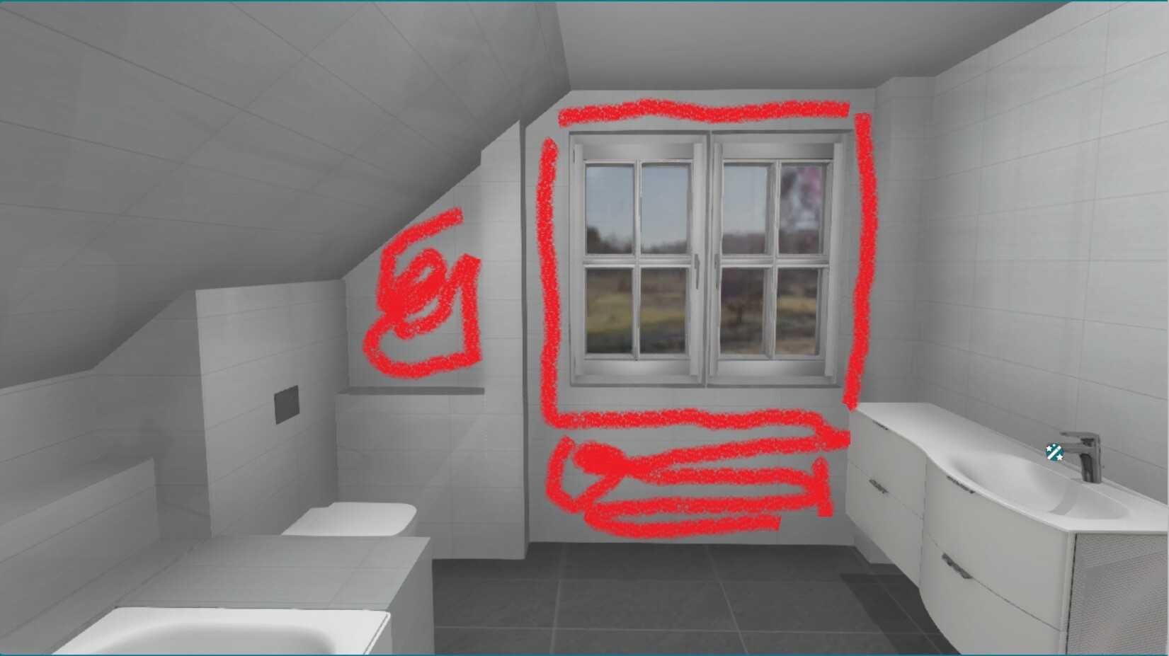 Bright bathroom with sloped ceiling on the left, window in the middle, washbasin on the right, toilet on the left.