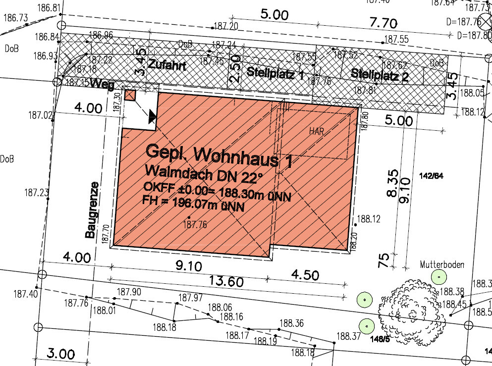 Floor plan of a planned residential house with driveway, two parking spaces, and red hatching.