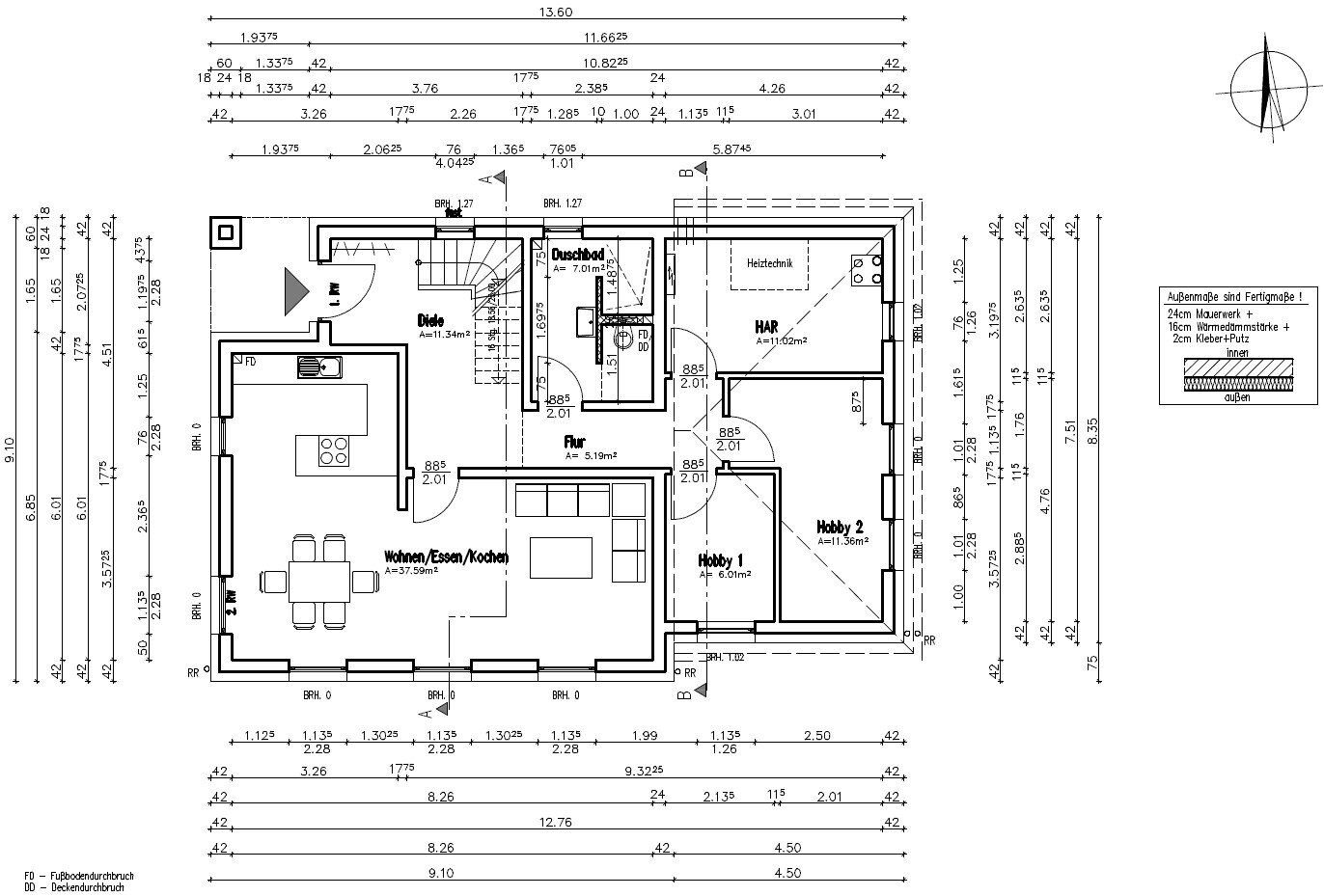 Floor plan of a house with hallway, living/dining/kitchen, corridor, bathroom, utility room, and hobby rooms.