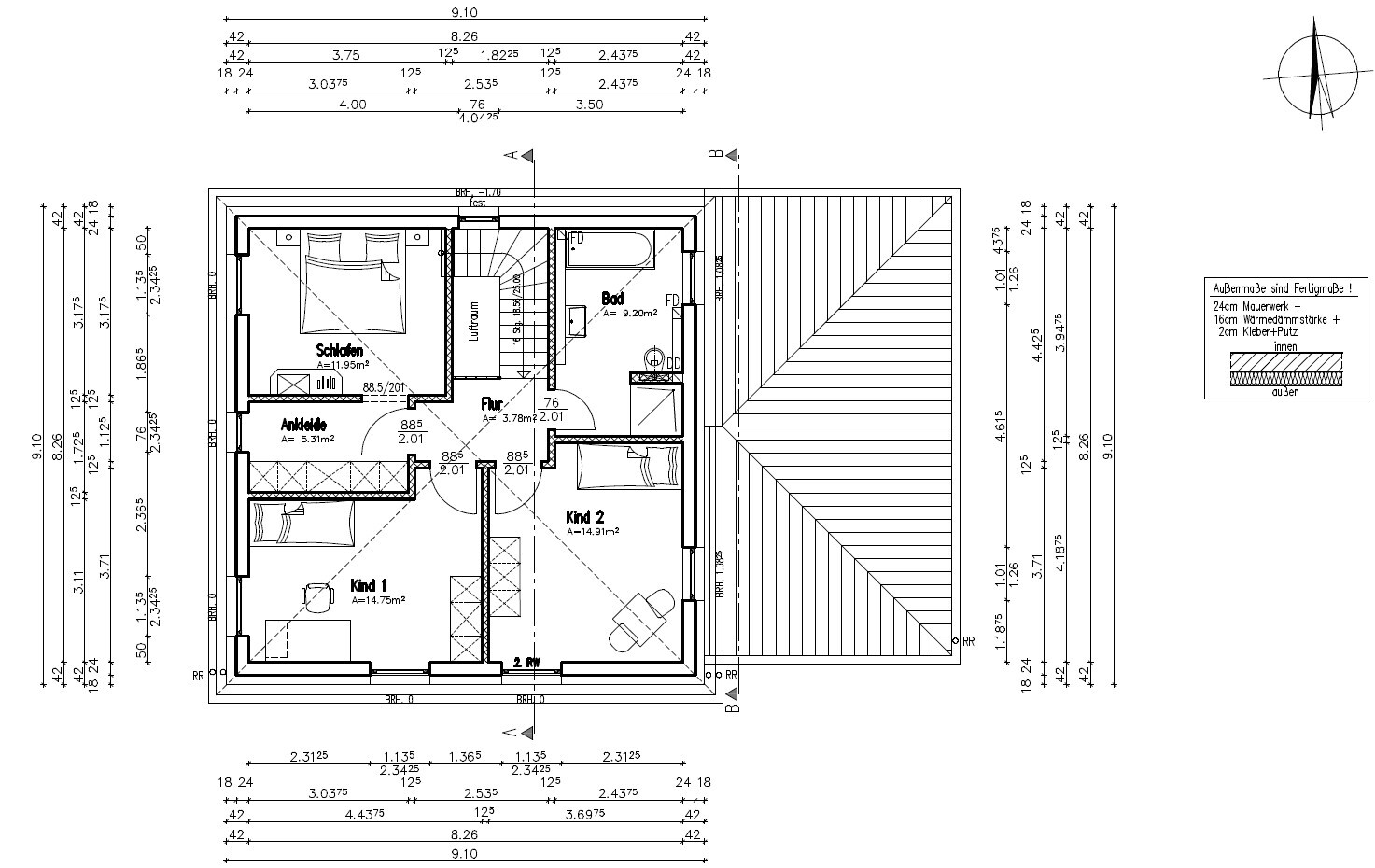 Attic floor plan: bedroom, dressing room, corridor, bathroom, child 1, child 2, terrace.