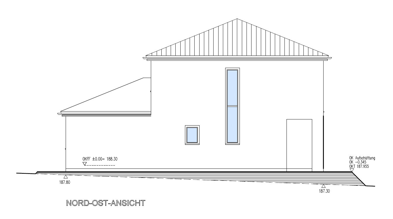 NORTHEAST VIEW: Modern house with pitched roof, two windows and a door.
