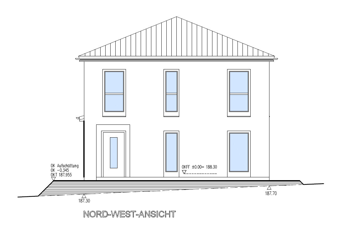 Two-story house with pitched roof, multiple window fronts, entrance on the left, northwest view.