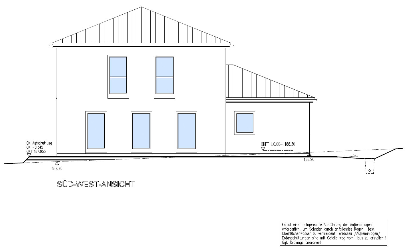 Two-story house with pitched roof and side extension; southwest view, window fronts.