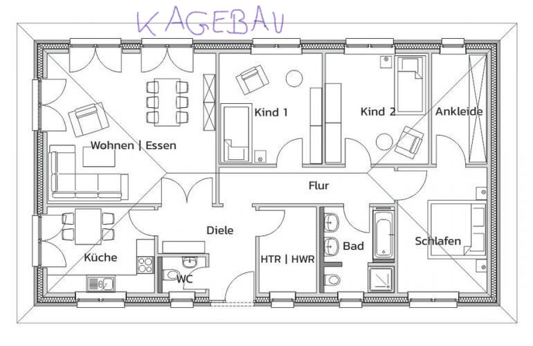 Floor plan: living/dining area, kitchen, hallway, corridor, WC, bathroom, bedroom, 2 children's rooms, dressing room, utility room.