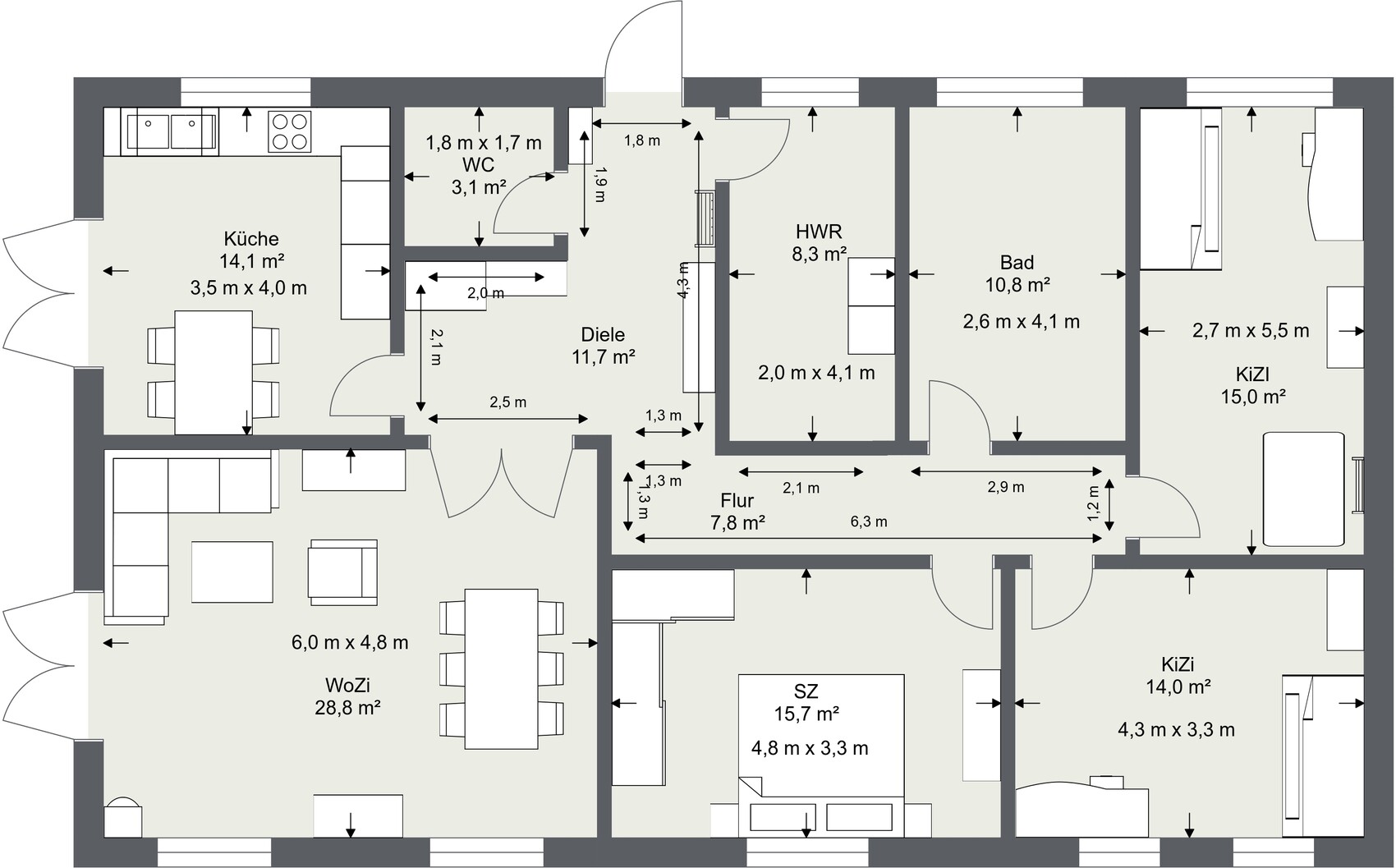 Floor plan of an apartment with kitchen, living room, hallway, corridor, bathroom, WC, utility room, and three bedrooms.