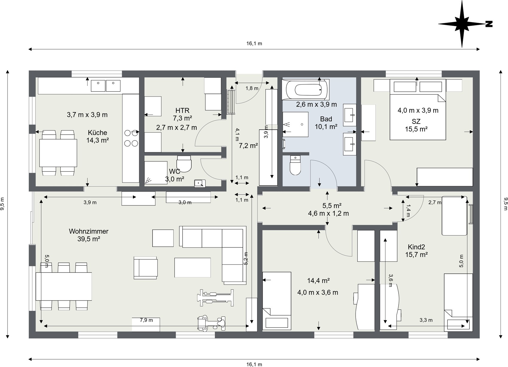 Floor plan of an apartment: living room on the left, kitchen top left, bathroom/bedroom right, child’s room bottom right.