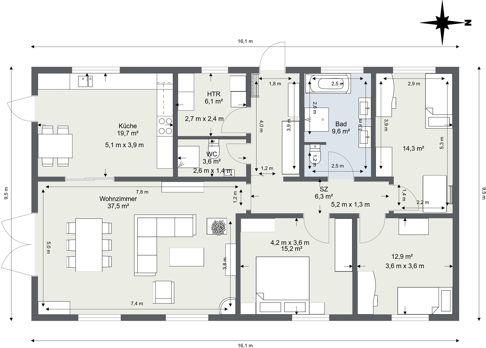 Floor plan of a house with kitchen, living room, bathroom, hallway, bedroom, and toilet.