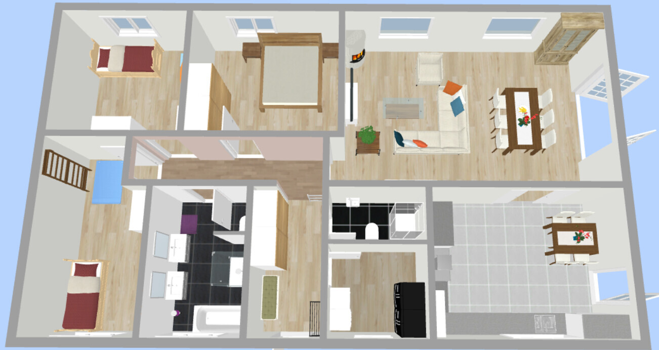 3D floor plan of an apartment: living room with sofa, dining area, kitchen, bathroom, bedroom, hallway.