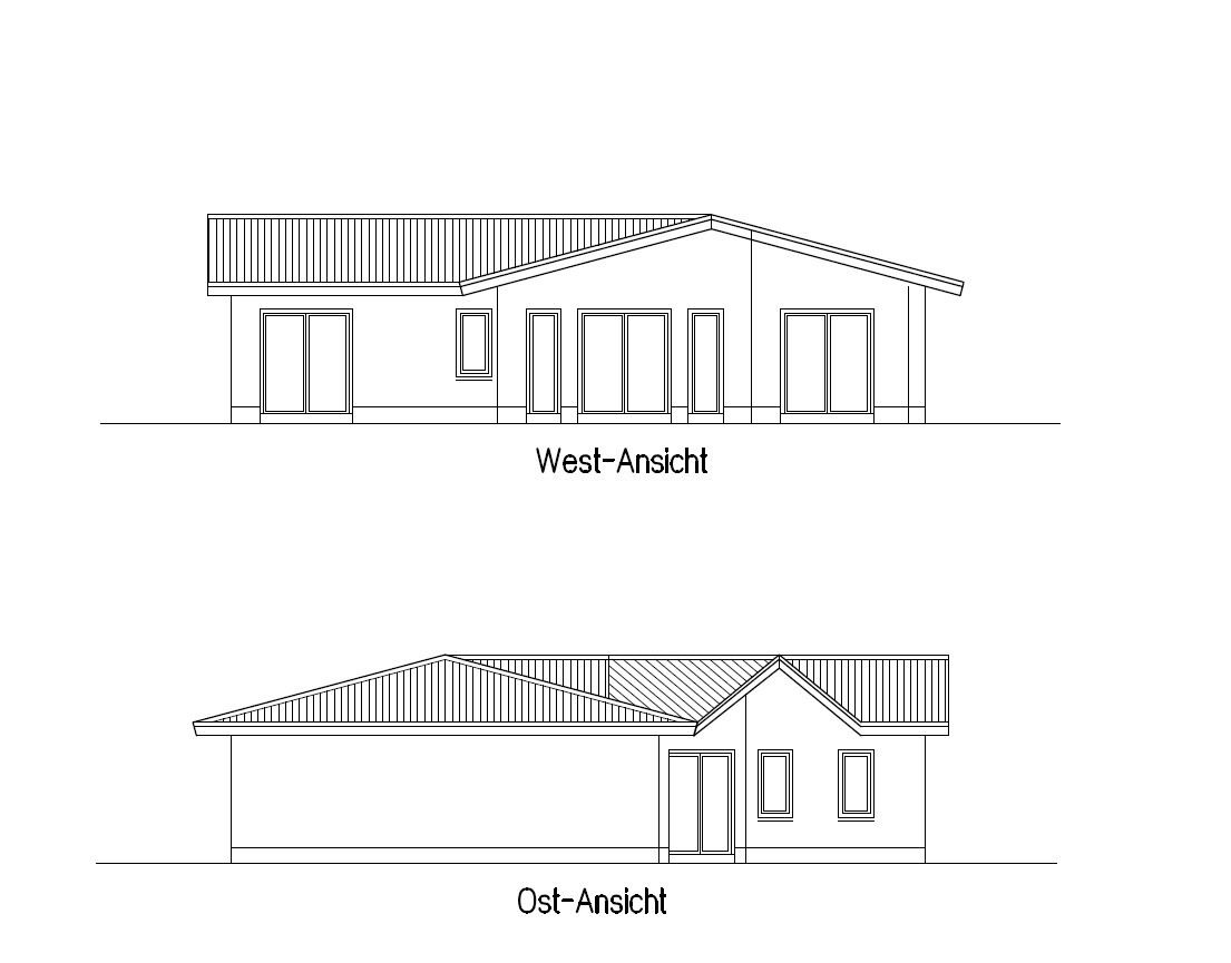 West and east elevation of a single-family house as line drawings with windows and doors.