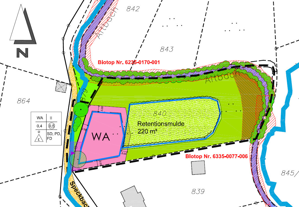Topographic plan: green area with retention basin, biotope, and watercourse.