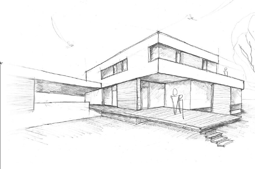 Modern, two-story villa in sketch style with terrace, steps, and person at entrance.