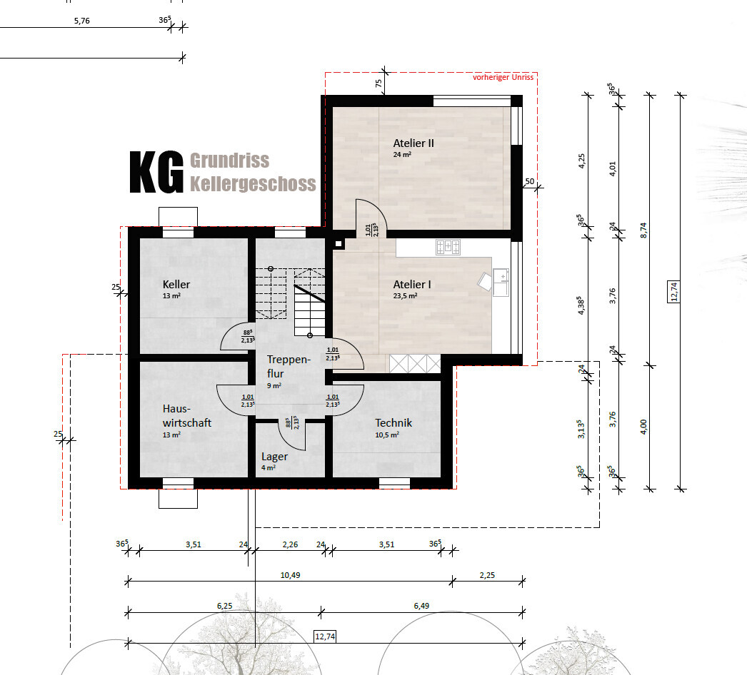 Basement floor plan: studio I & II, technical room, cellar, storage, utility room, stair corridor.