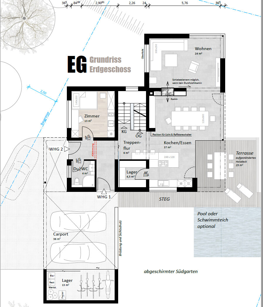 Ground floor plan: living, cooking/dining, room, shower/WC, stair corridor, terrace, carport, storage.