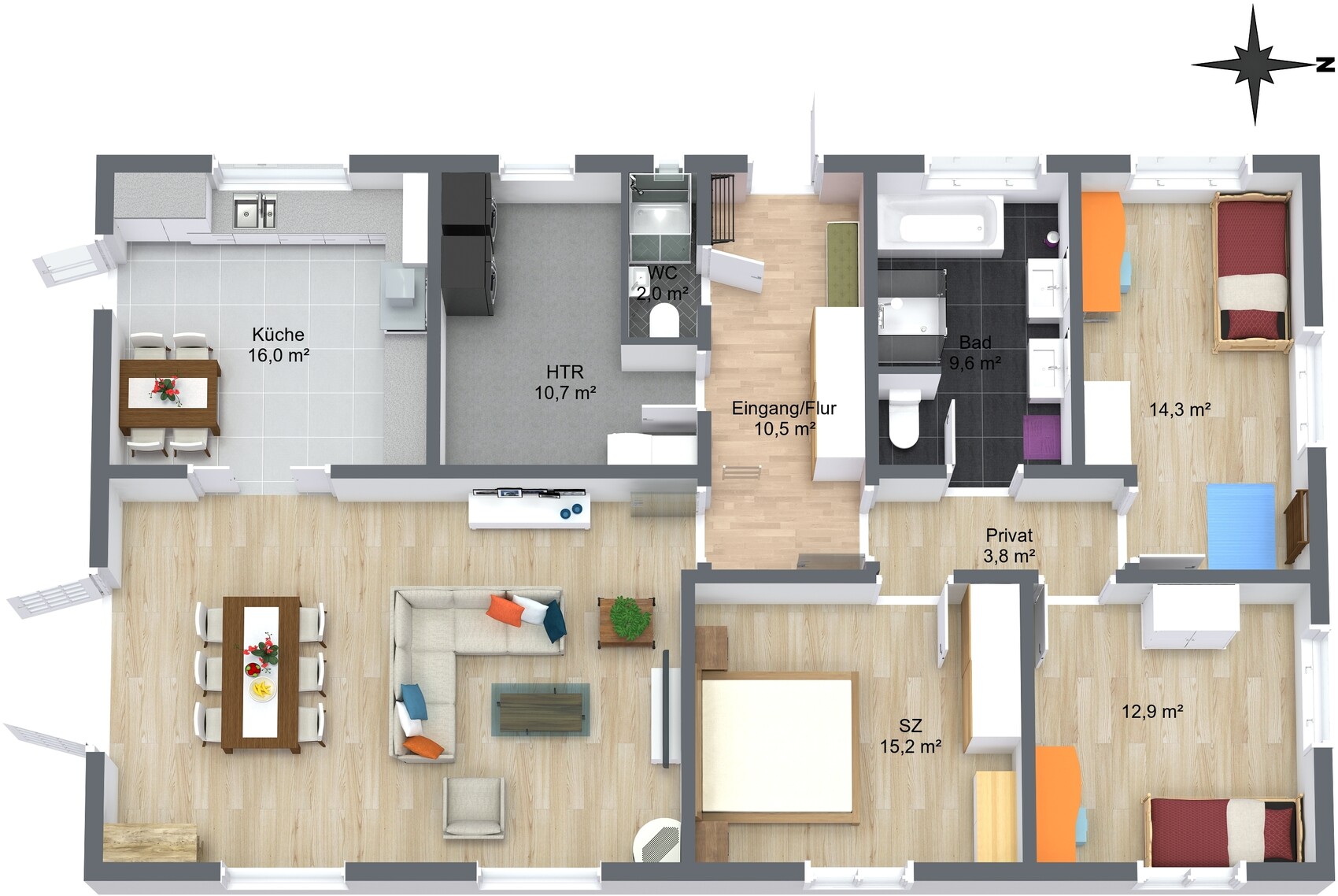 Detaillierter Grundriss einer Wohnung: Küche, Ess-/Wohnbereich, Flur, Bad, WC, zwei Schlafzimmer.
