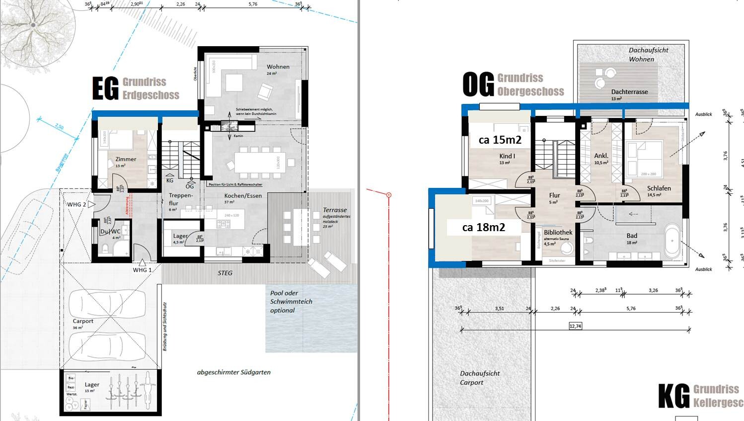 Floor plan: Ground floor with living/kitchen/terrace; upper floor with bedroom, child 1, library.