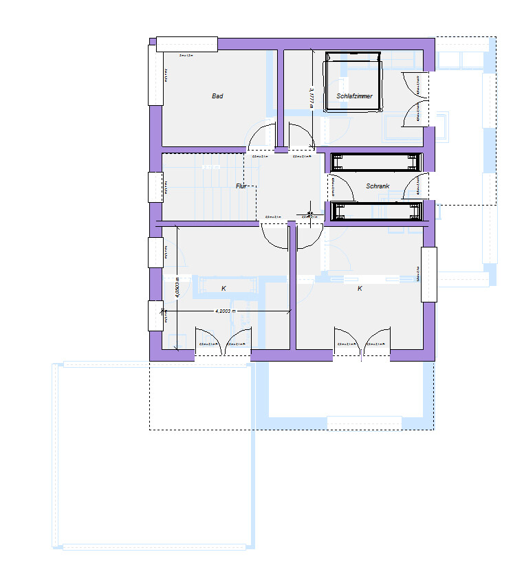 Floor plan of a house: central corridor, bathroom on the left, bedroom at the top, kitchens at the bottom, closet on the right.