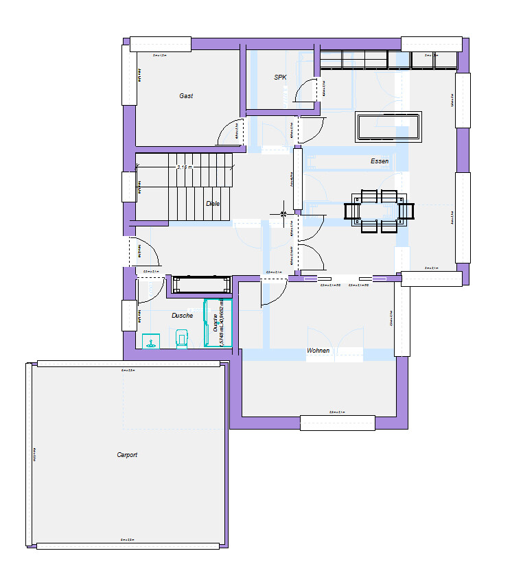 Floor plan of a house: living room, dining room, kitchen, guest room, hallway, staircase, shower, carport.