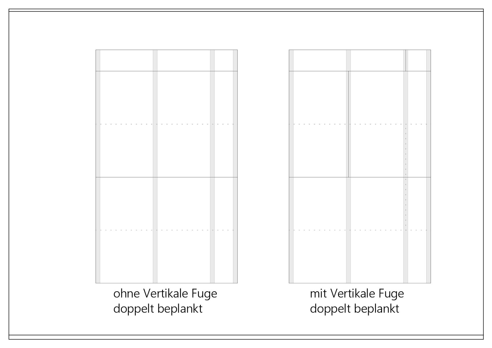 Two floor plan drawings side by side; left without joints, right with vertical joints, double layered.