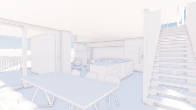 3D rendering of an open living and kitchen area with dining table and stairs