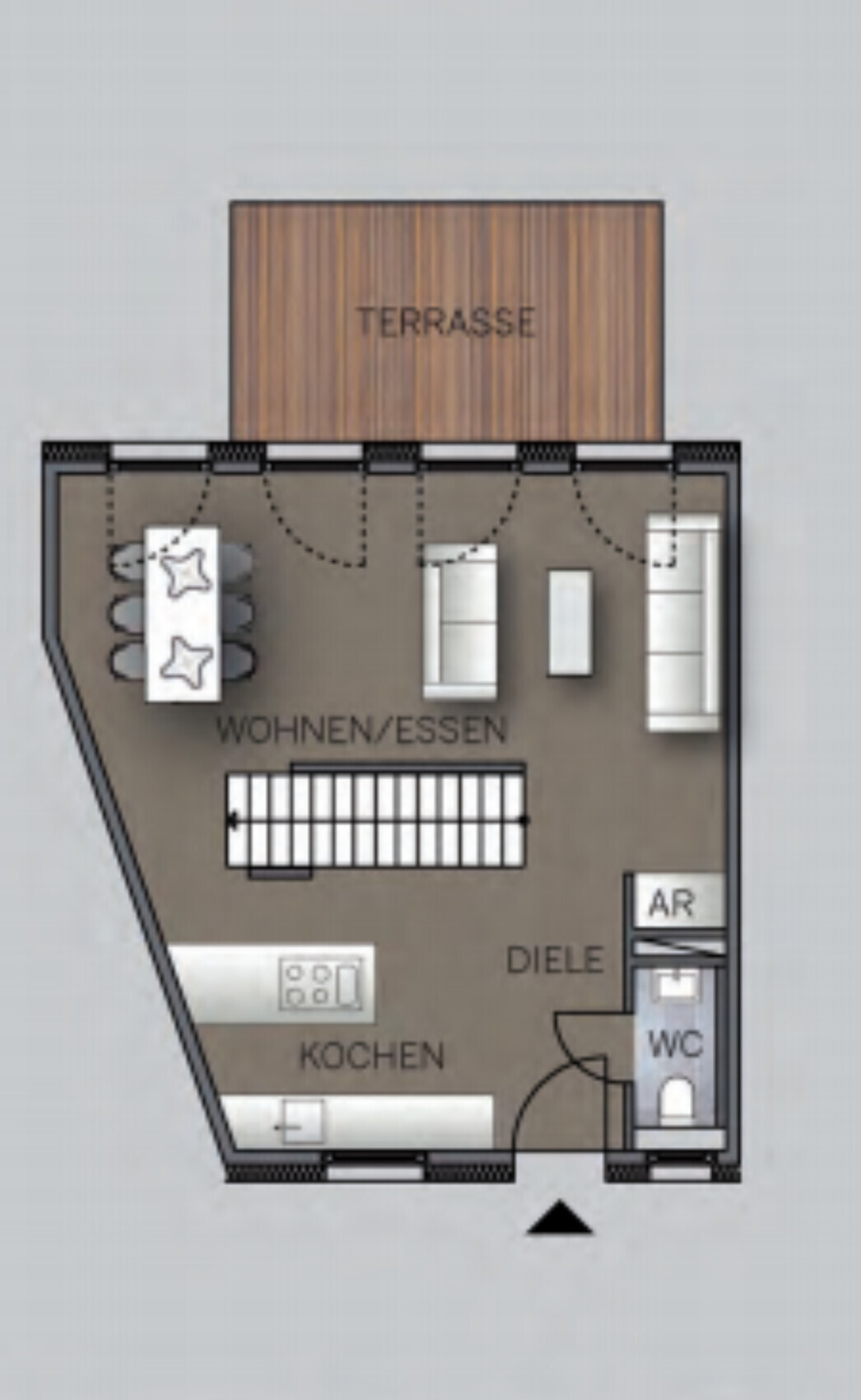 Floor plan of an apartment: terrace above, open living/dining area, kitchen, hallway, WC.