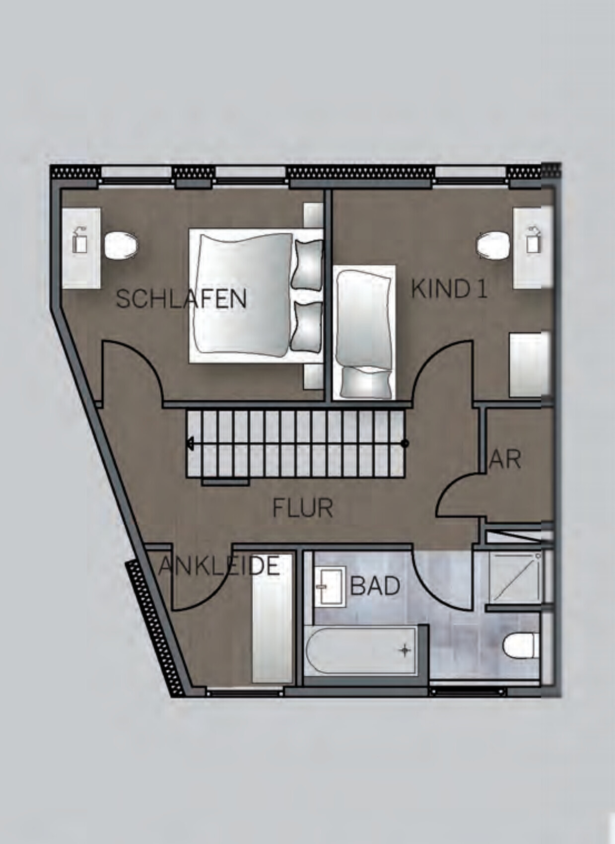 Floor plan of an apartment with bedroom, children’s room, corridor, dressing room, bathroom, storage room, and staircase