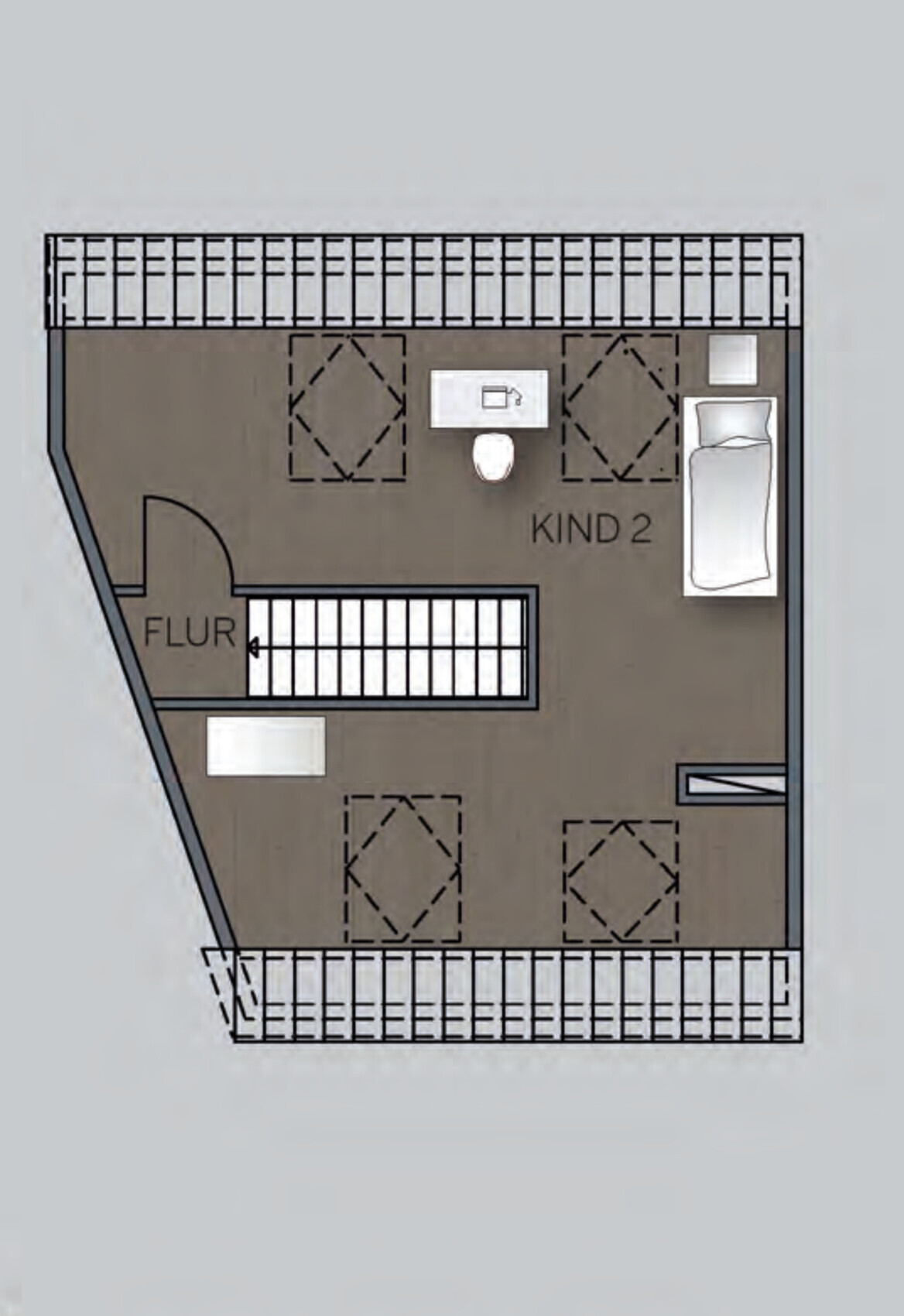 Floor plan of a children’s room (KID 2) with bed, desk, hallway, and stairway.